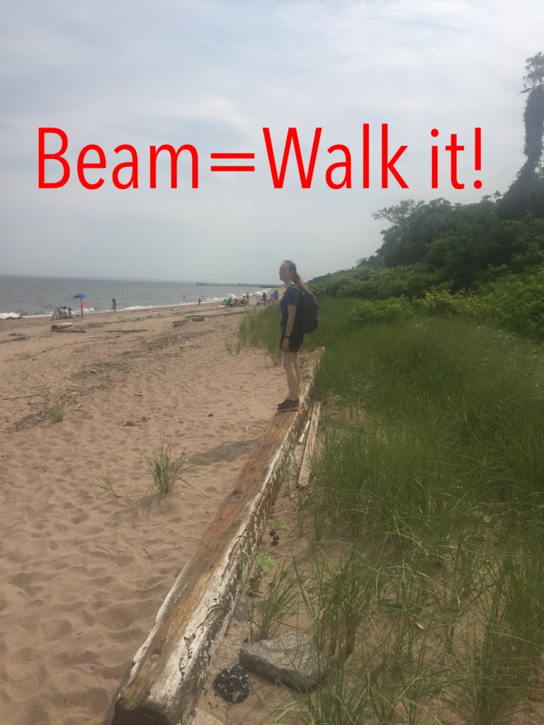 Photo of Heather walking a beam on the beach.